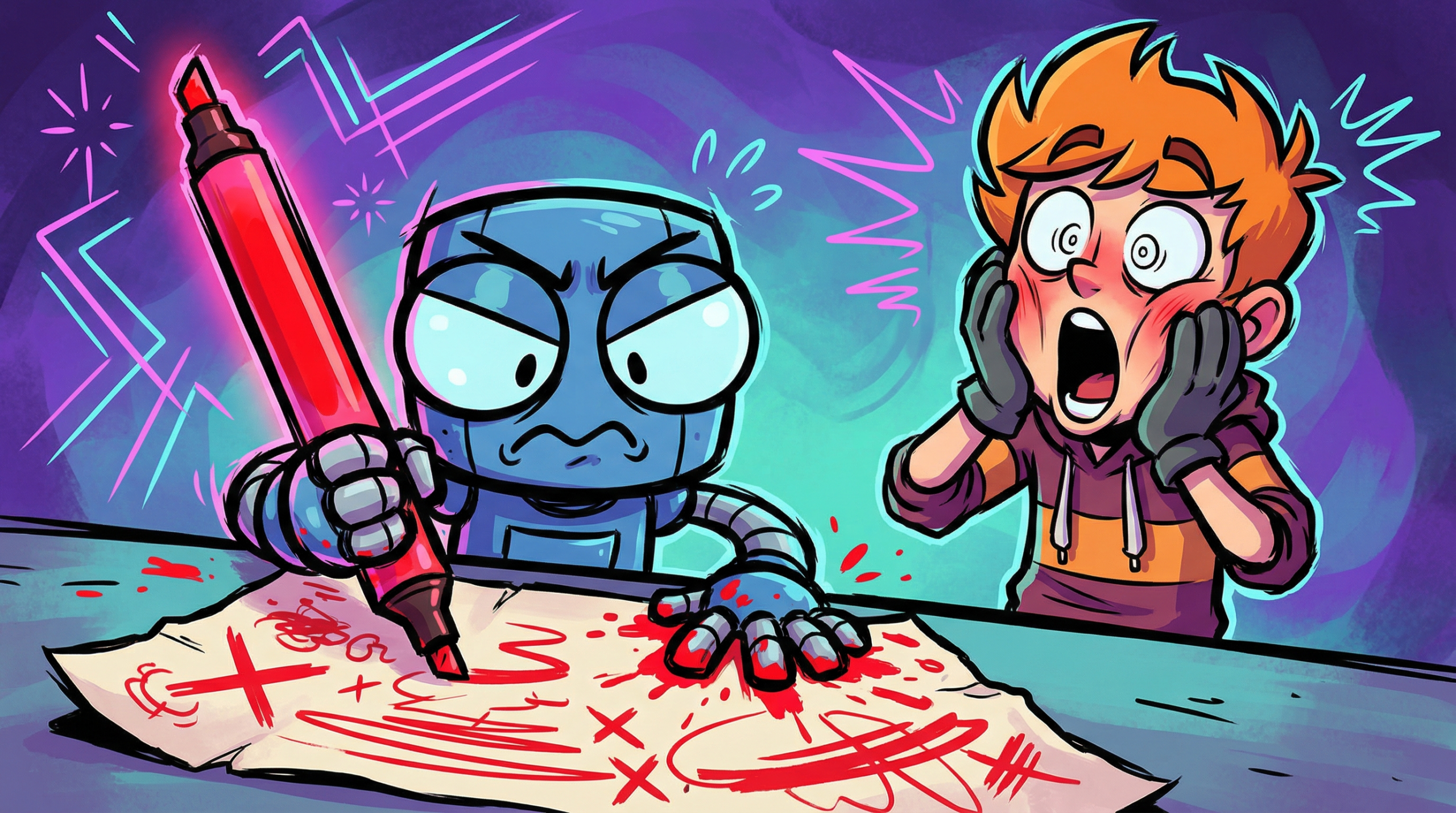 Cartoon illustration of before and after writing editing with a blue robot editor