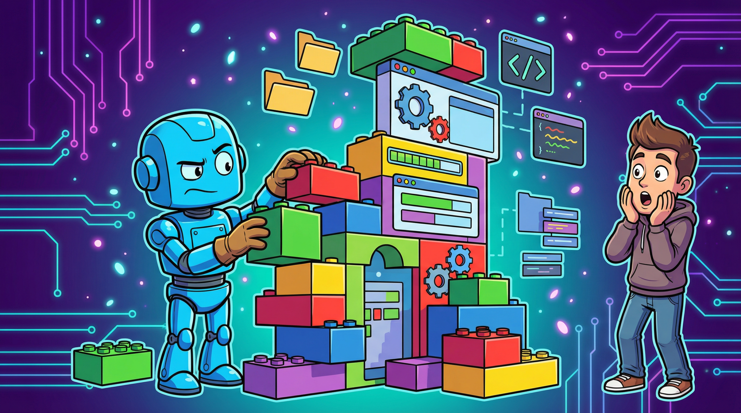 Blue cartoon robot building an app structure with building blocks while a human watches in awe