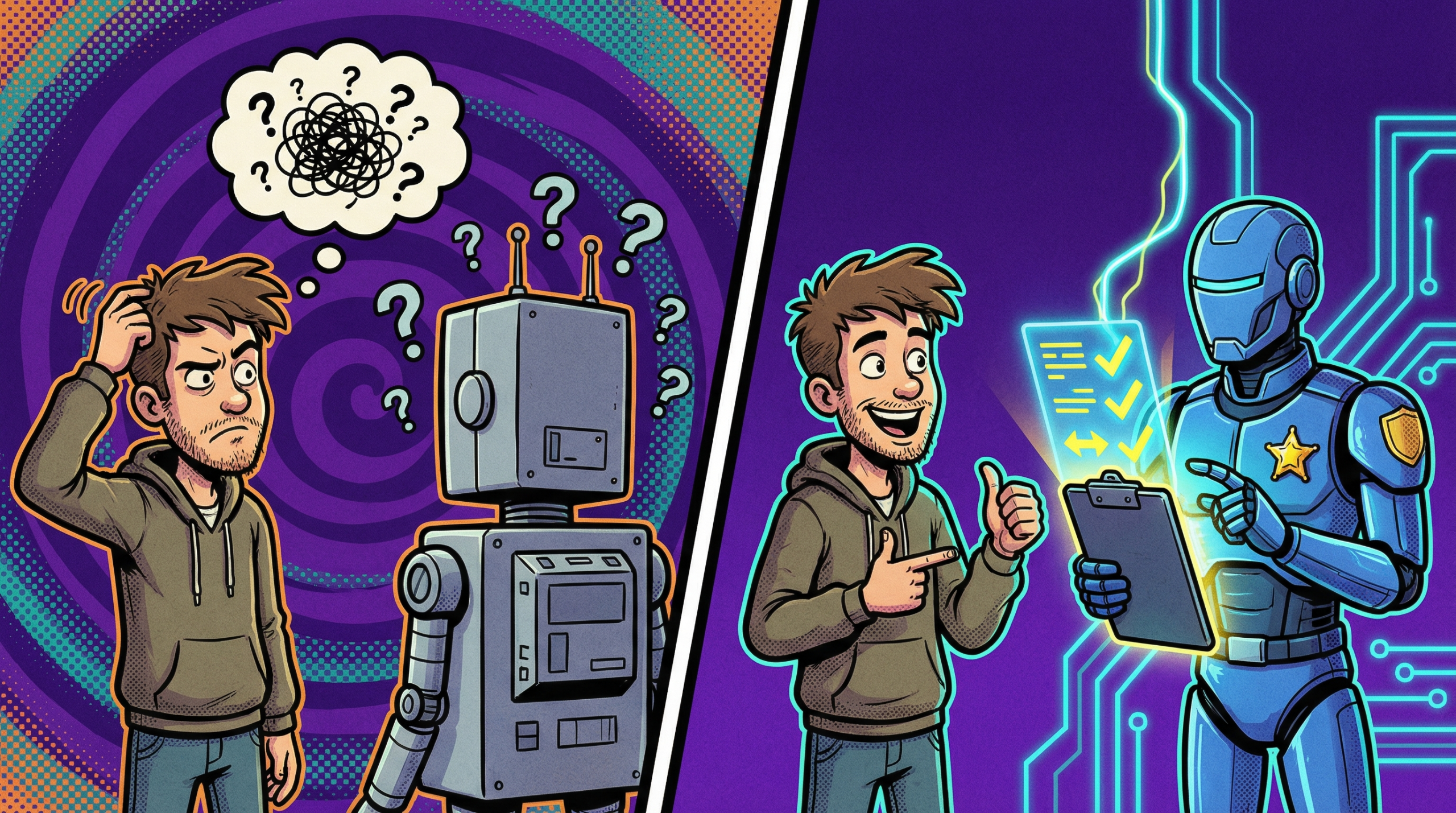 Split scene showing confused human with generic robot versus confident human with specialized robot