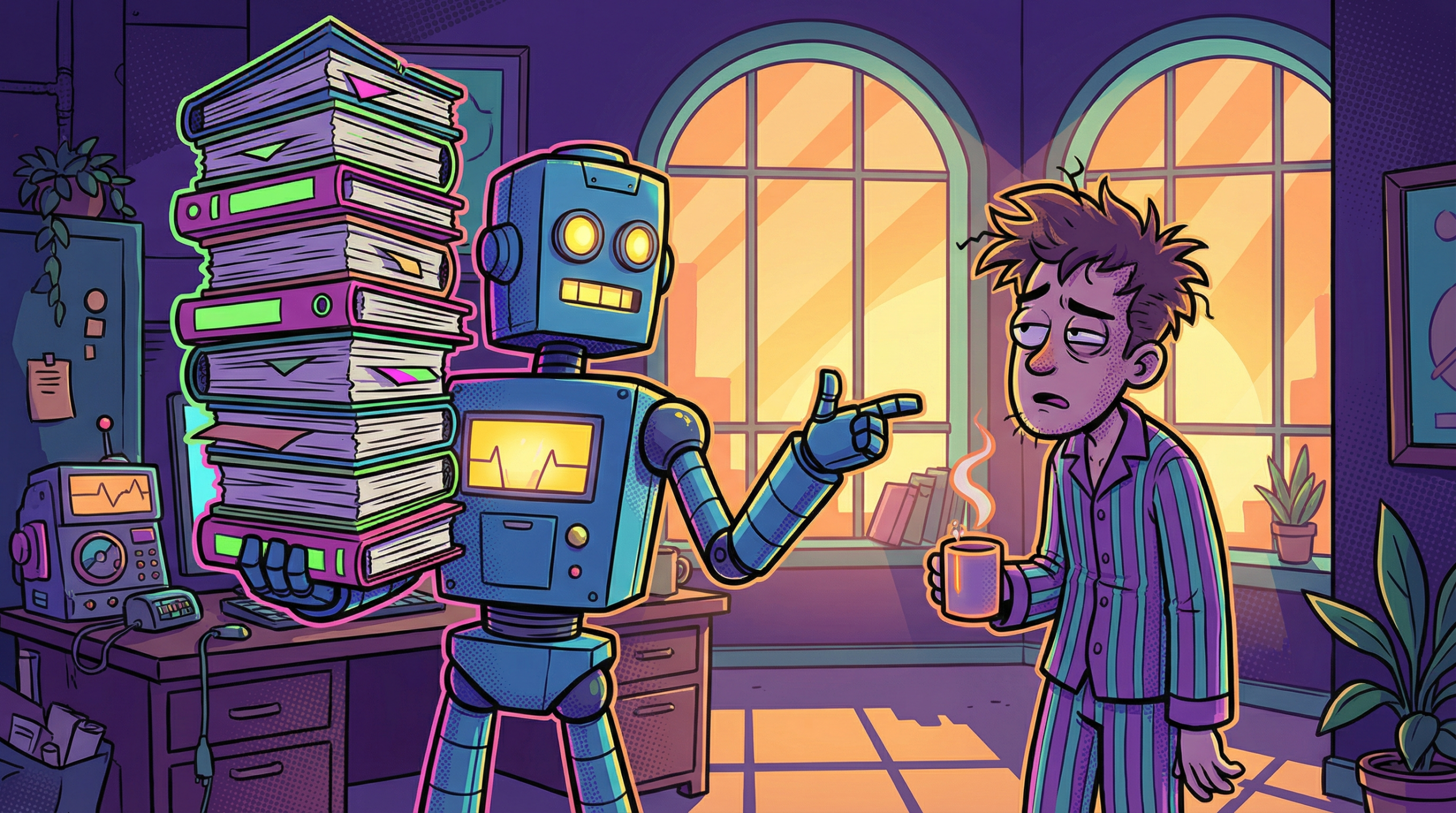 Blue cartoon robot proudly presenting a stack of finished reports to a groggy cartoon human holding coffee