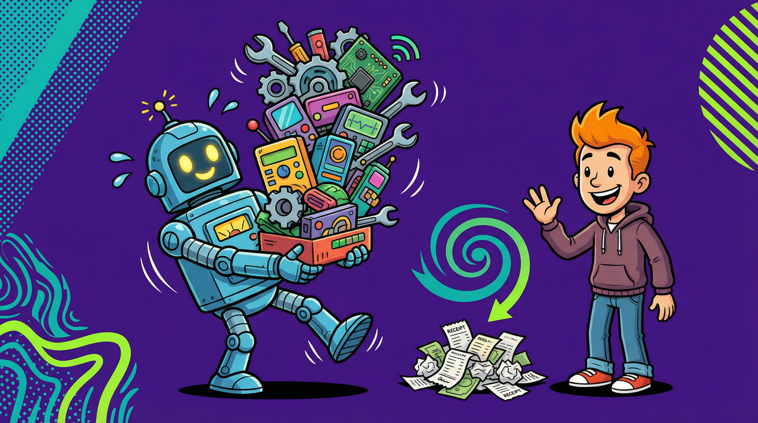 Blue cartoon robot carrying a stack of AI features while a human waves goodbye to subscription receipts